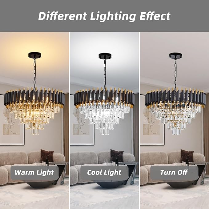 10-Light Large Crystal Chandelier 24" Dining Room Light Fixtures 5 Tiers Flush Mount Black and Gold Chandelier Round Large Chandeliers for Dining Room Living Room Kitchen Entryway Foyer