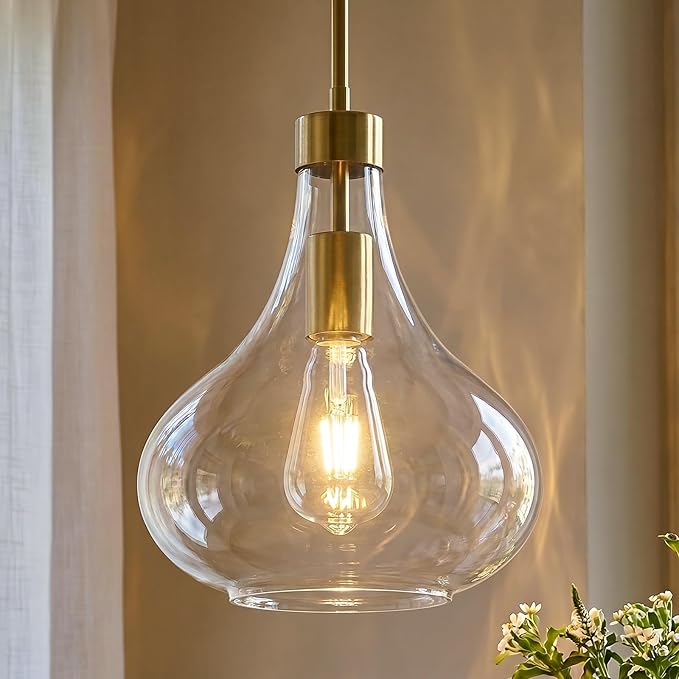 Modern Glass Pendant Light 9.44 in Clear Glass Shade Gold Farmhouse Island Pendant Lights for Kitchen Pendant Lighting Over Sink Bedroom Dining Room
