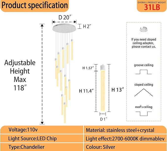 118'' Modern Glam Crystal Column Chandelier for High Ceiling LED Dimmable Pendant Light Staircase Foyer Enterway Living Room Ceiling Chandelier Lighting Silver 12 Lights
