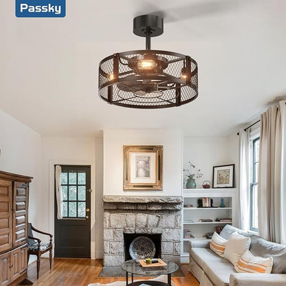 Passky 20 Inch Farmhouse Caged Ceiling Fans with Lights and Remote, Black Downrod Mount Bladeless Fandelier, 6 Speeds Bladeless Ceiling Fan Light for Bedroom, Kitchen, Living Room, Indoor