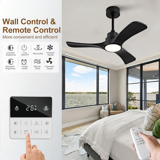 Black Ceiling Fans with Lights,36 inch Solid Wood Ceiling Fan,Remote Control,Wall Switch,Dimmable,Reversible Quiet DC Motor,Power Off Memory Modern Ceiling Fan for Bedroom Patio Indoor/Outdoor