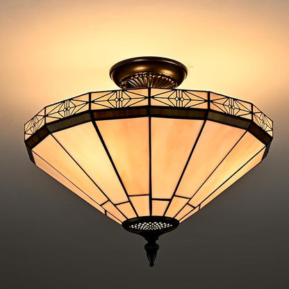 DIRYZON Tiffany Style Flush Mount Ceiling Light - 3-Light Stained Glass Light Fixture Vintage Ceiling Light with Glass Copper Shade for Hallway Living Room Bedroom