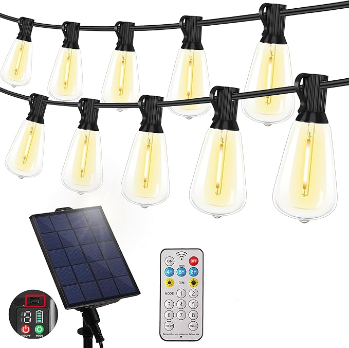 YOSION Solar Powered Warm White LED Outdoor String Light with Remote Control, Shatterproof Light Bulbs for Backyard Garden Patio Pergola Gazebo Bistro Bedroom Christmas Wedding Party (20+2 Bulbs)