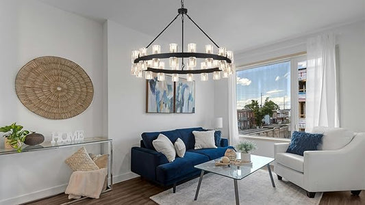 36 Inch Black Wagon Wheel Chandelier with 36 Lights Crystal Shade, Modern Farmhouse Round High Ceilings Pendant Light Fixture for Living/Dining Room, Kitchen, Bedroom, Foyer