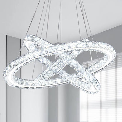 LED Chandeliers Modern Ceiling Light Fixture 3 Rings Adjustable Crystal Pendant Light Fixture Ceiling Hanging for Living Room Dining Room Bedrooms Hall 250mm Base 209 Crystals (Cool White)