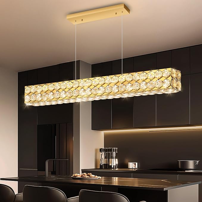 40'' Modern Crystal Chandelier for Dining Room Ceiling Light Fixture for Living Room Hallway Lighting LED Dimmable with Remote Gold
