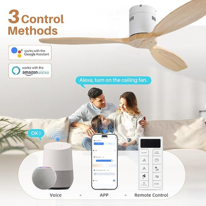 Sofucor 52 Inch Smart Ceiling Fan Without Light Flush Mount Solid Wood Ceiling Fan with Alexa/Google/APP/Remote Control-Modern Outdoor Ceiling Fans No Light for Bedroom/Patio/Indoor,Natural Wood&White