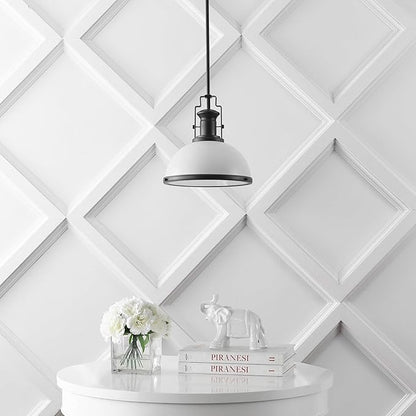 JONATHAN Y 13" Matte Black/White Modern Industrial Iron LED Dome Pendant Light, Adjustable Hanging Fixture for Kitchen Island or Entryway, White Metal Shade, LED Bulb Included (JYL9536E)