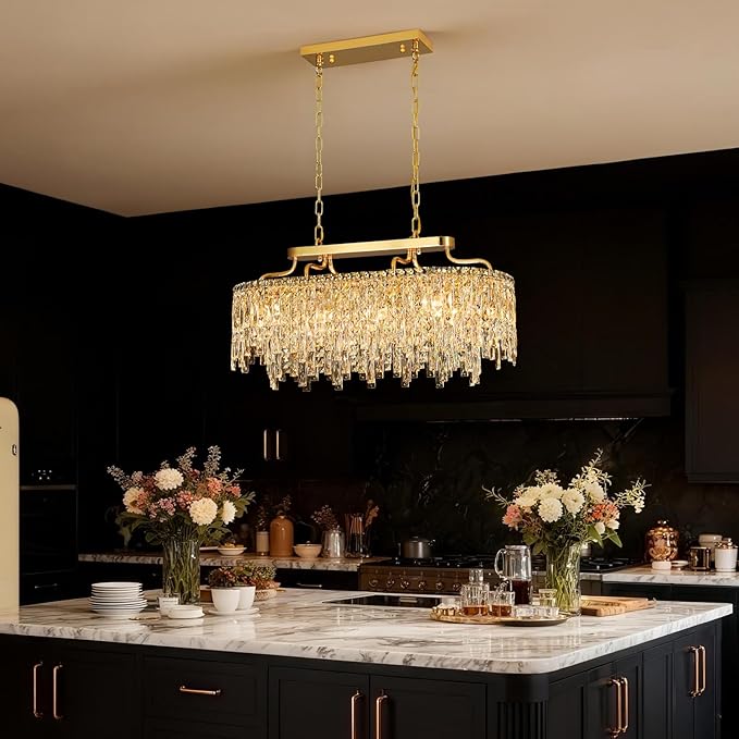 Gold Crystal Chandelier | Modern Luxury Oval-Shaped Chandeliers for Dining Room Light Fixture, 32" 10-Light Crystal Ceiling Lighting Fixture for Dining Room Kitchen Island Bar