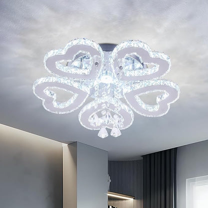 5 Heart Ring Crystal Ceiling Light, Modern LED Flush Mount Chandelier with K9 Crystals Cool White Stainless Steel Light Fixture for Living Room, Bedroom, Dining Room