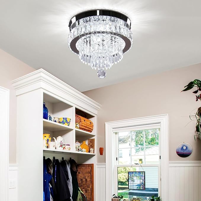 Chandelier 11.8" Modern Crystal Chandeliers Crystal Light Fixtures Flush Mount Chandelier Ceiling Light Chandeliers for Bedrooms Living Room Dining Room Hallway (Cool White)