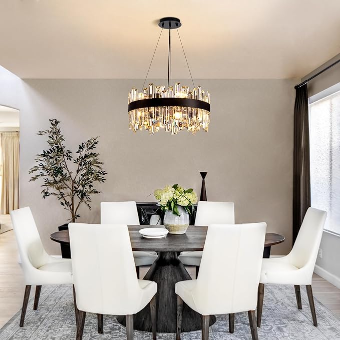Siljoy Black Crystal Chandelier for Dining Room, Modern 2-Tiers K9 Crystal Raindrop Chandelier 12 Lights Farmhouse Pendant Ceiling Light for Living Room Kitchen Island Entry Foyer D19.7''