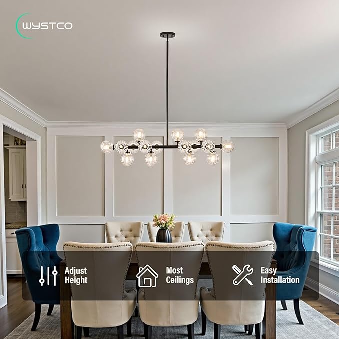 16-Light Globe Sputnik Chandelier, Linear Dining Room Light Fixture Over Table, Mid Century Modern Black Chandeliers for Dining Living Room, Kitchen Island Lighting (Clear Bubble, 40 Inch)