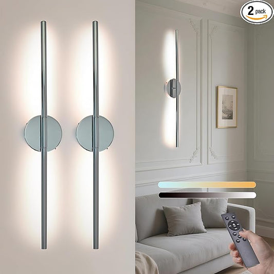 Wireless Wall Sconces Set of 2 ，20Inch Battery Operated Wall Lights with Remote Control，360°Rotate Dimmable led Wall Lamps for Living Room and Bedroom (Chrome)
