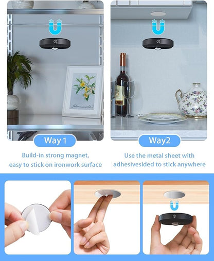 WILLED Puck Lights with Remote Control, Rechargeable Under Cabinet Lights, 1200mAh Battery Operated Tap Lights, Dimmable Push Lighting, Wireless Closet Light, LED USB Stick On Light (6 Pack)