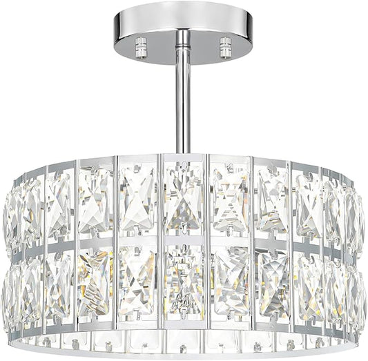 Lxybcce Chrome Crystal Ceiling Light, Modern Semi Flush Mount Ceiling Lighting, Hallway Lighting Fixtures, Small Chandelier Light Fixture for Kitchen Entryway Bedroom Dining Room, 3-Light, 12 Inch
