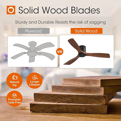 addlon 52 inch Ceiling Fans No Lights, Low Profile Ceiling Fan with Remote Control, Flush Mount, Reversible, 3 Wood Blades, 6 Speeds, Noiseless, Black Walnut Ceiling Fan for Indoor/Outdoor Use