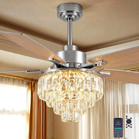 LUDOMIDE Chandelier Ceiling Fan, 52 Inch Crystal Ceiling Fan with Light, 3CCT, 6-Speed, 5-Blade Noiseless Reversible DC Motor, Remote Control, Modern Indoor Fandelier for Living Room