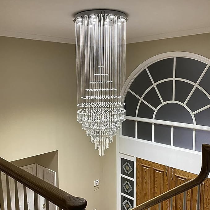 Luxury Large Foyer Chandelier, Modern 12-Lights Round Raindrop Crystal Chandeliers High Ceiling Flush Mount Light Fixtures for Hallway, Entryway, Stairs,Front Entrance D31.5 X H86.7 of CRYSTOP