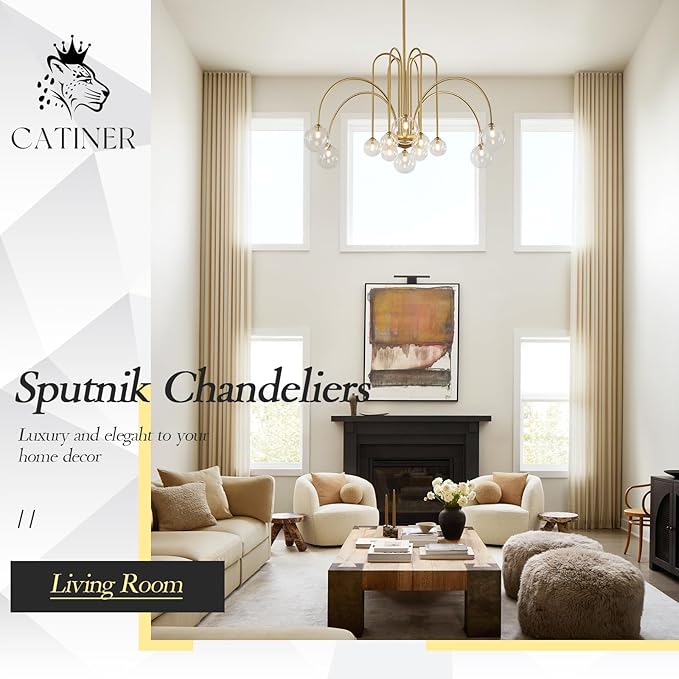 CATINER Gold Sputnik Chandeliers 12 Lights Modern Chandelier Large L52”Mid Century Ceiling Pendant Light Fixtures with Clear Glass Globe Shades for High Ceiling Living Dining Room Foyer Staircase