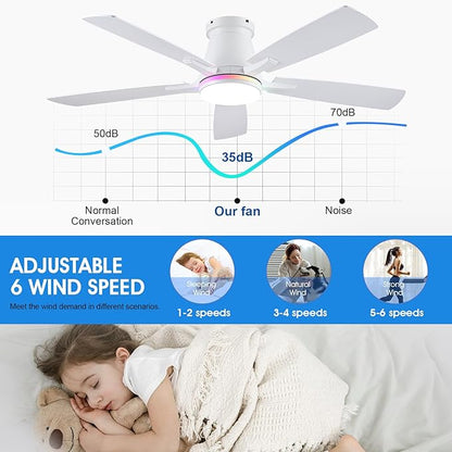 Surtime 52" Ceiling Fans with RGB Lights-Low Profile Ceiling Fan with Light and Remote/APP Control,Flush Mount,DC Reversible,LED Dimmable Ceiling Fans for Bedroom,Indoor/Outdoor Patio Use(White)