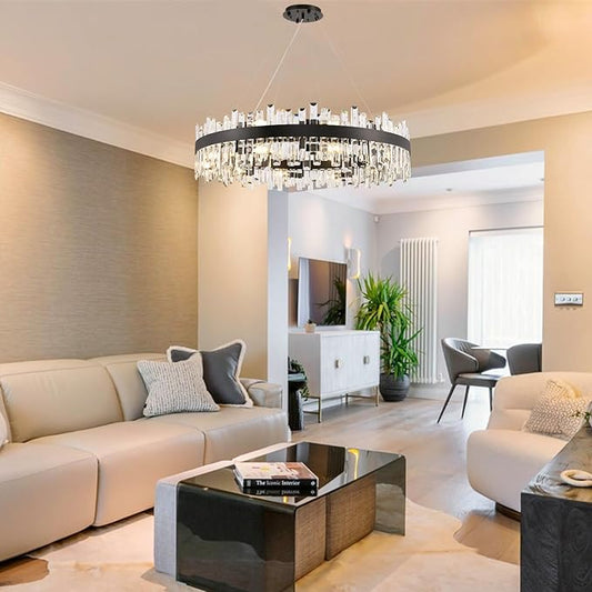20-Light Modern Large Crystal Chandelier Black Round 2-Tiers Raindrop Chandelier Luxury Flush Mount Hanging Ceiling Light for Dining Living Room Entryway Foyer Stairway D39.4''