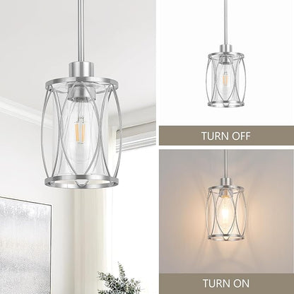 Glass Pendant Lights Kitchen Island Brushed Nickel Pendant Light Fixtures Adjustable Farmhouse Mini Hanging Light with Clear Glass for Sink Dining Room Foyer Entryway Bar, 2 Pack