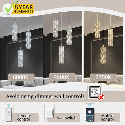 ykolupty 3-Light Gold Chandelier with Dimmable Ceiling Light Crystal Pendant Light for Kitchen Island, Dining Room, Living Room, Entry Hallway