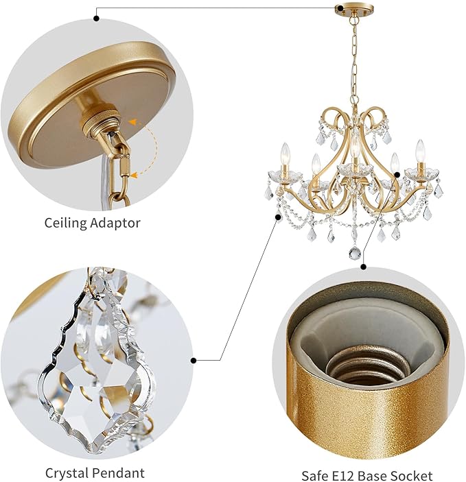 WUZUPS Crystal 5-Light Candle Chandelier Pendant Flushmount Ceiling Light Modern Lighting Fixture for Bedroom Hallway Bar Kitchen Bathroom, H 20.9" x W 21.7", Gold, E12 Base