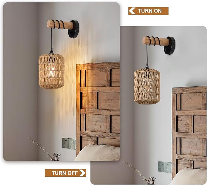 Boho Wall Sconces Set of 2 Rattan Wall Sconce Dimmer Wall Lamp Light Fixtures with Cord Wicker Hanging Wall Mount Light for Bedroom Living Room