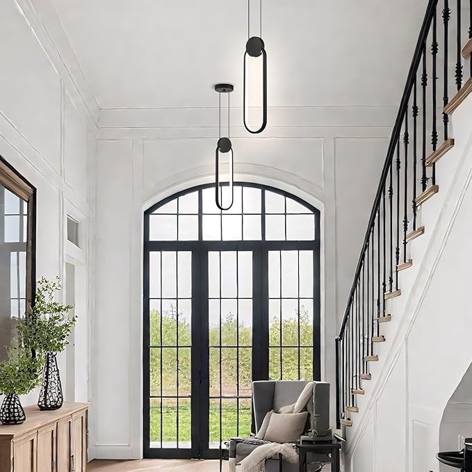 Modern Pendant Lights 2 Pack, Black LED Pendant Light 4000K Bright White Adjustable Height Oval Pendant Light Fixtures for Bedroom Bathroom Kitchen Island