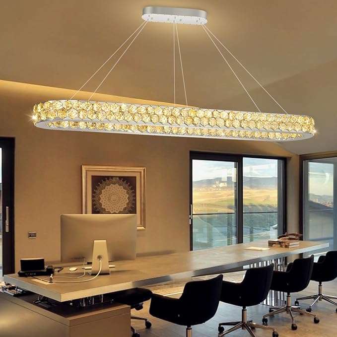 59'' Modern Oval Chandelier Crystal Chandeliers for Dining Room Round Ceiling Light Fixture for Living Room Lighting LED Dimmable with Remote Ring Lights Silver