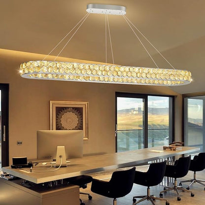 59'' Modern Oval Chandelier Crystal Chandeliers for Dining Room Round Ceiling Light Fixture for Living Room Lighting LED Dimmable with Remote Ring Lights Silver
