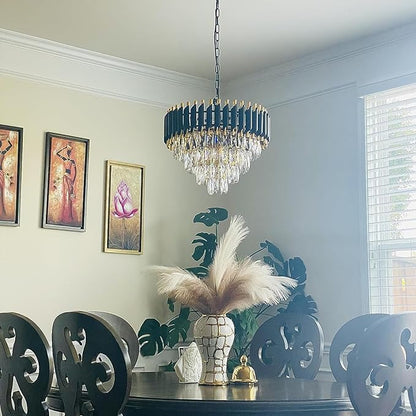 Gold Modern Crystal Chandeliers 4-Tier K9 Round Black and Gold Crystal Chandelier Light Fixture 7 Lights Hanging Pendant Ceiling Light Fixture for Dining Room Living Room Bedroom Entryway Foyer W20in