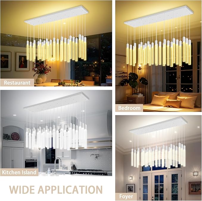 24-Light Rectangular Crystal Chandelier, Large Silver Bubble Crystal Column Pendant Light, Adjustable Height Hanging Chandeliers for Kitchen Island, Living Room, Foyer