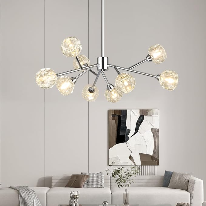 Weesalife Sputnik Chandeliers for Dining Room Light Fixture Over Table, Modern Crystal Chandeliers, 9 Lights Chrome Lighting Fixtures for Living Room Bedroom Kitchen Island Bar