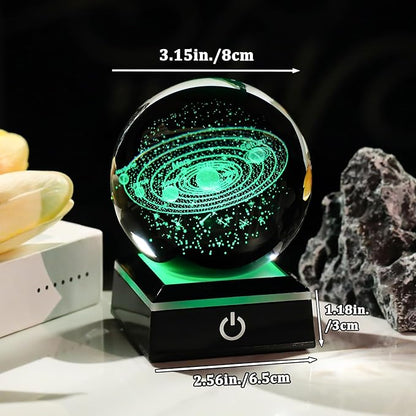 Arikyrist 3D Solar System Crystal Ball 80mm with Light Base, Laser Engraved Space Universe Astronomy Gifts for Women Men Teens Boys and Girls, Glass Planet Solar System Model Sphere Night Light Decor