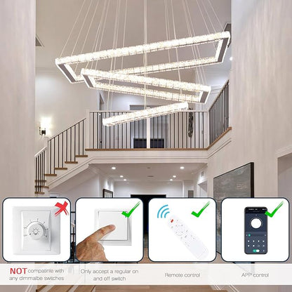 Finktonglan Dimmable Crystal Chandelier, Modern 3 Rectangular Ring LED Pendant Light with Remote & App Control, 31.4" Adjustable Hanging Height, 2500K-6500K, Kitchen Island Dining Room Stairwell Foyer