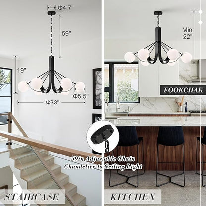 Modern Living Room Chandelier with Chain 33in Frosted Glass Kitchen Chandeliers Sputnik Black Dining Table Light Fixture 6 Light Mid-Century Chandeliers Light for Bedroom Entry Foyer