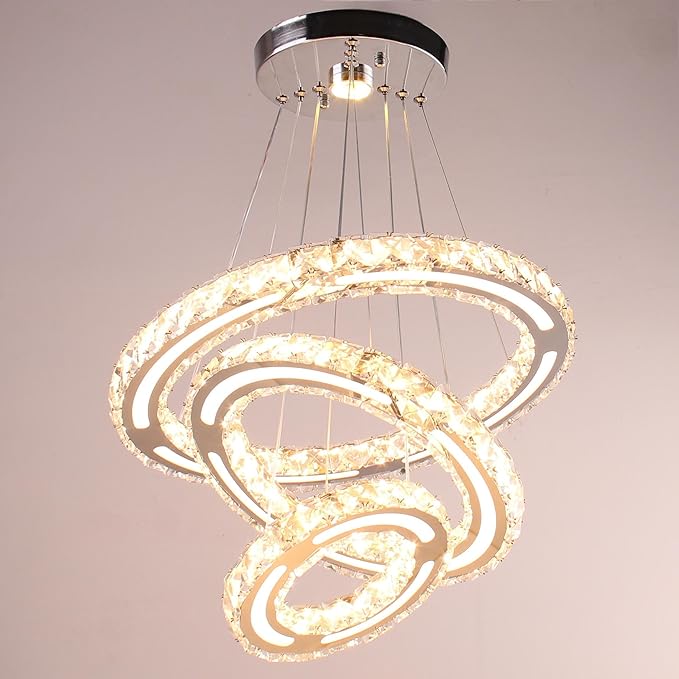 Modern Crystal Chandeliers DIY 3 Rings Dimmable Ceiling Light Fixture LED Pendant Lamp for Kitchen Dining Room Living Room Bedroom 180mm Base 153 Crystals (Dimmable)
