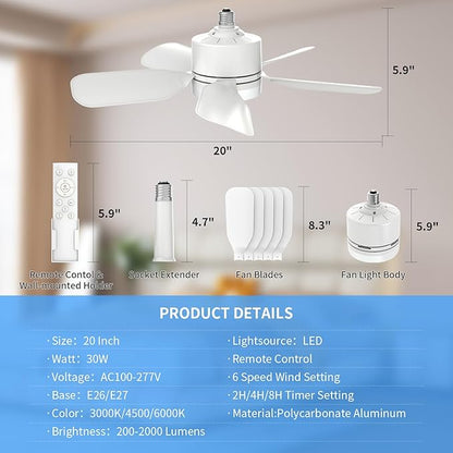 20" Socket Fan Light with Remote, 30W 2000 Lumens, 3 Colors 3000-6000K Small Ceiling Fans with Lights and Remote 6 Speed Wind Light Bulb Fan for Bedroom, Kitchen, Laundry Room, Garage