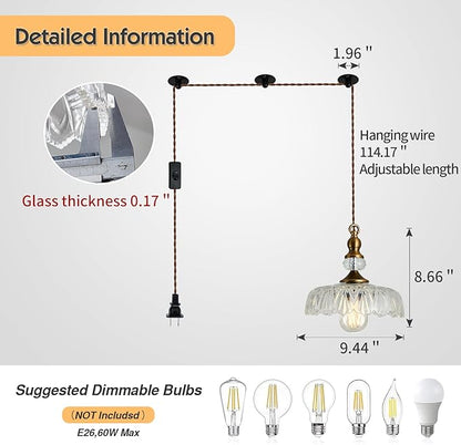 CVKASH Plug in Glass Pendant Light Fixture Brass Vintage Adjustable Chandelier Brushed Gold Hanging Ceiling Light for Farmhouse Hallway Bedroom Foyer Kitcken Dining Room Island