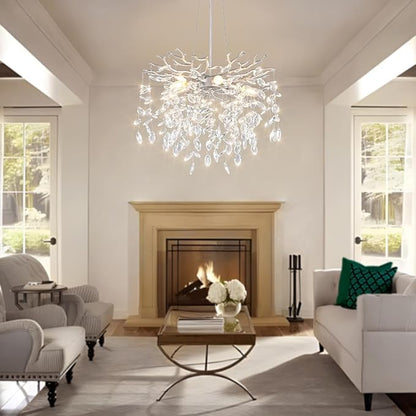 EGM 18-Inch Silver Crystal Chandeliers for Dining Room, Modern Crystal Chandelier for Bedroom, 6-Light Silver Tree Branch Chandelier for Living Room, Raindrop Leaf Chandeliers for Home Décor, E12