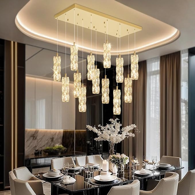 ykolupty Modern Rectangle Chandelier 16-Lights Crystal Chandeliers LED Dimmable Gold Linear Chandelier Flush Mount Crystal Pendant Light for Living Room Dining Room Foyer