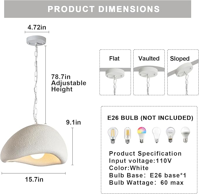Wabi Sabi Pendant Lights,15.7in White Modern Pendant Light Resin Hanging Lamp Kitchen Island Lighting Modern Japandi Chandelier for Dining Room Bedroom Hallway Restaurant Foyer