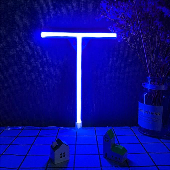 LED Letter Lights Blue Neon Signs Light Up 26 Alphabet USB and Battery Powered Wall Decorative LED Night Lights for Wedding Birthday Christmas Party Bedroom (T)