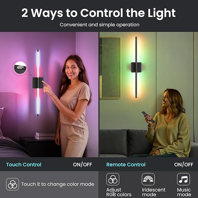 Battery Operated Wall Sconces Set of Two, 10000mAh Rechargeable Wall Lights with Remote Control, 360° Rotate Dimmable Black LED Cordless Lighting for Bedroom, Living Room, Hallway, 29 Inch, RGB