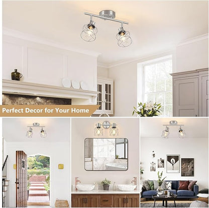 Baocuz 2-Light Brushed Nickel Semi Flush Mount Ceiling Light, Hallway Light Fixtures with Metal Wire Cage, Vintage Adjustable Track Spotlight Ceiling Fixtures for Dining Room, Farmhouse, Entryway