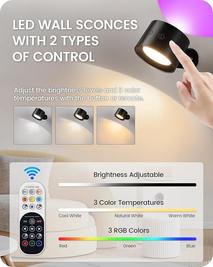 Battery Operated Wall Sconce Set of 2, Rechargeable Wall Lights with Remote Control, 3 Color Temp 3 RGB Dimmable, 360° Rotation Cordless Wall Mount Lamp for Hallway Bedroom, Black B02YBP206