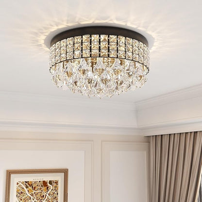 Maxax 4 Lights Crystal Chandelier, Recessed Drum Ceiling Light, Mini Crystal Flush Mount Round Metal Shade Raindrop Chandelier Crystal for Dining Room Living Room Bathroom Bedroom, Black